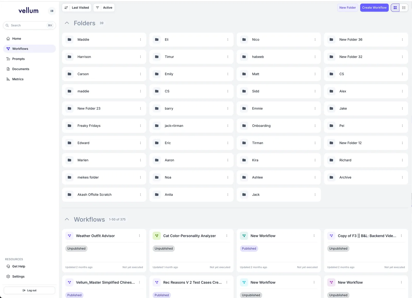 Vellum sidebar navigation showing Home, Workflows, Prompts, Documents, Metrics, and Resources section with Settings