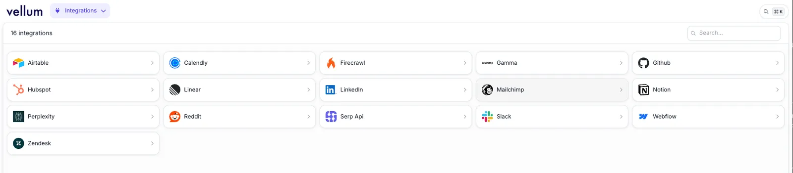 Integrations UI displaying available integrations including Airtable, Calendly, Firecrawl, Gamma, Github, Hubspot, Linear, LinkedIn, Mailchimp, Notion, Perplexity, Reddit, Serp Api, Slack, Webflow, and Zendesk