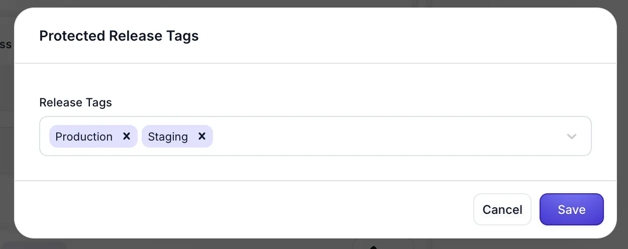 Protected Release Tags configuration modal showing Production and Staging tags