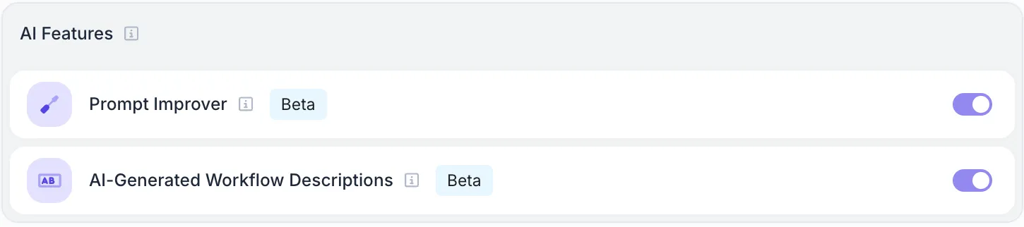 Organization Settings showing AI-Generated Workflow Descriptions toggle