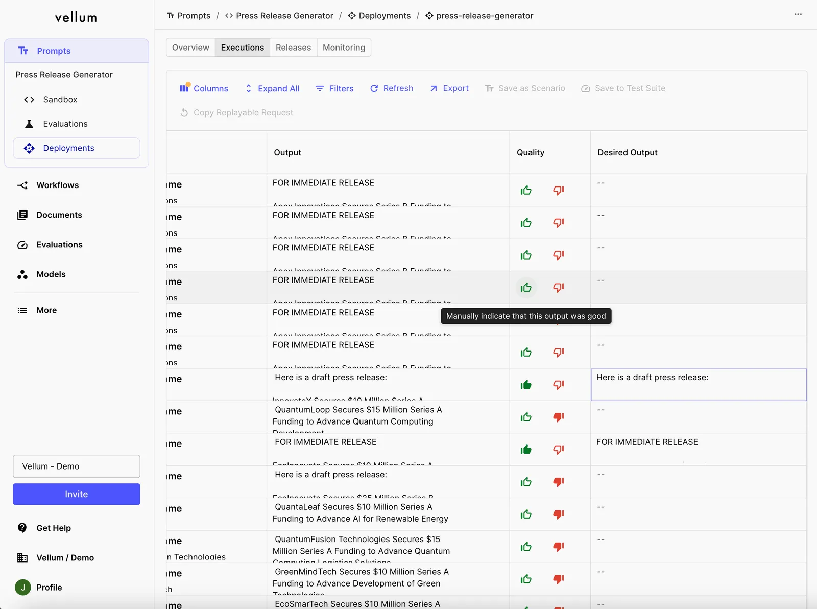 Prompt Deployment Executions Table