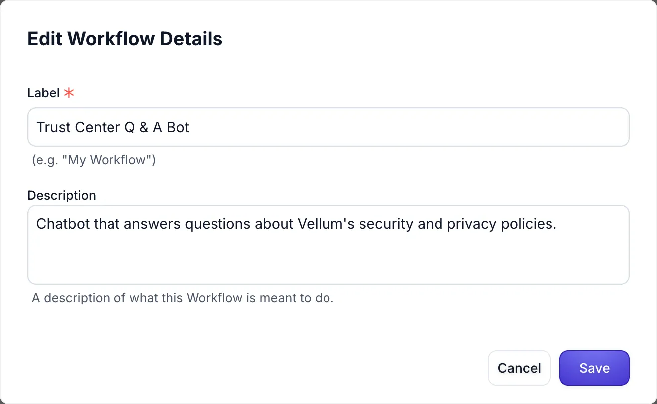 Edit Details modal showing label and description fields