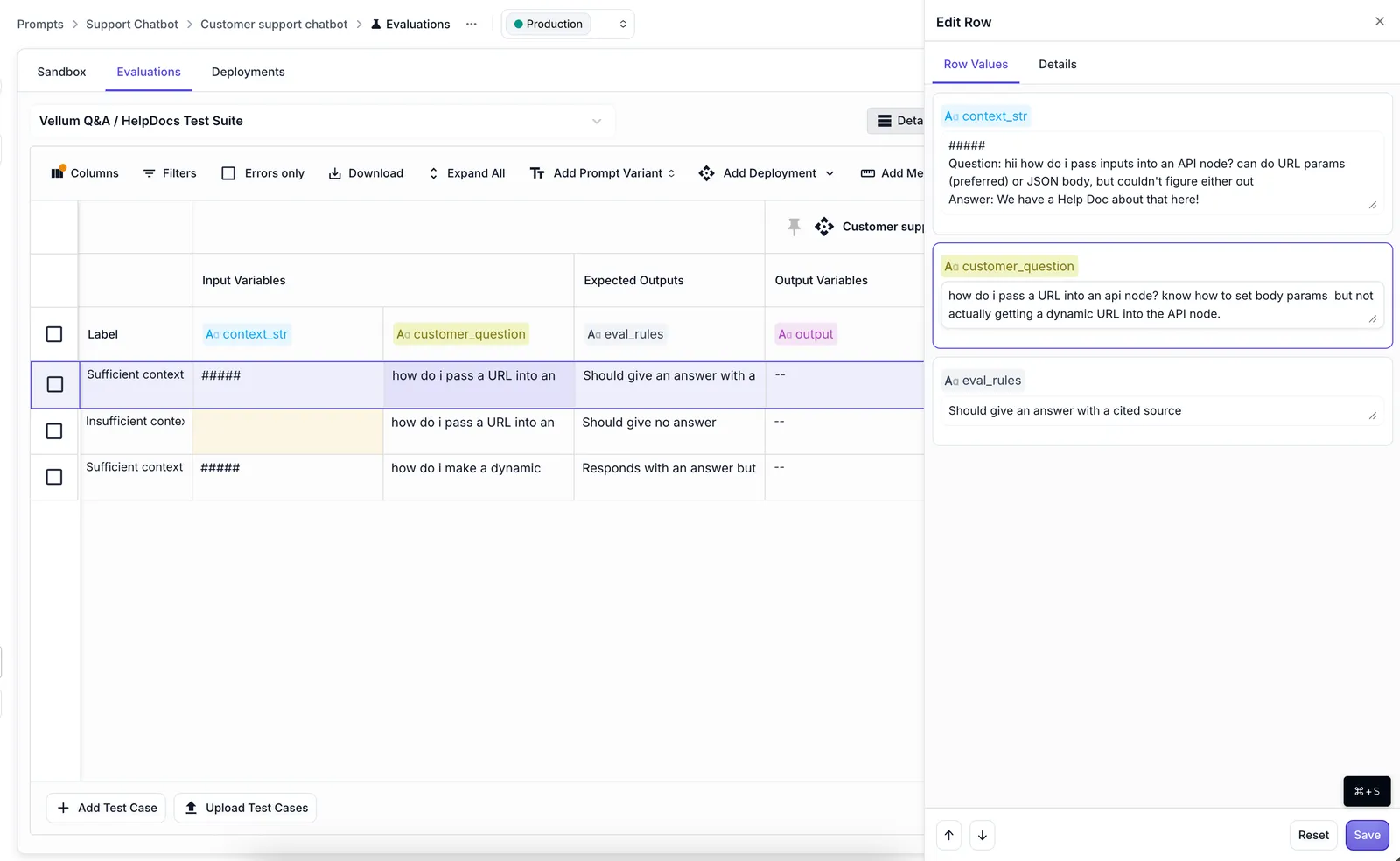 Test Case editing side drawer with Values tab showing variable editing interface