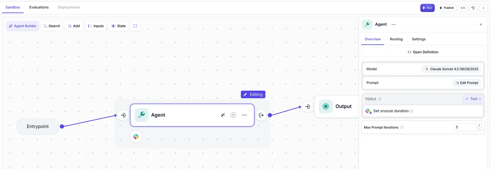 Workflow Sandbox showing Agent Node with configured Slack integration tool for setting snooze duration