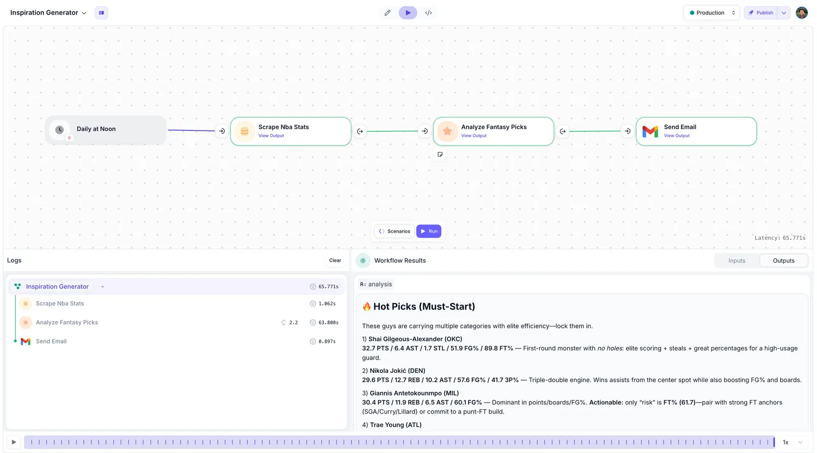 Workflow Sandbox in Run mode showing execution console with Workflow results