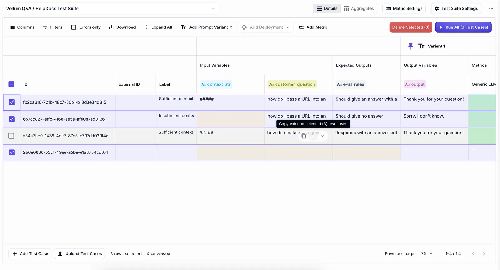 Test Suite interface showing bulk apply functionality with icon button