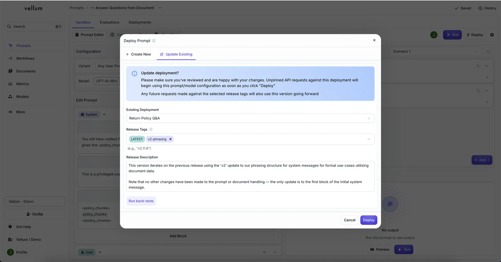 Deploy Prompt modal showing Release Description field