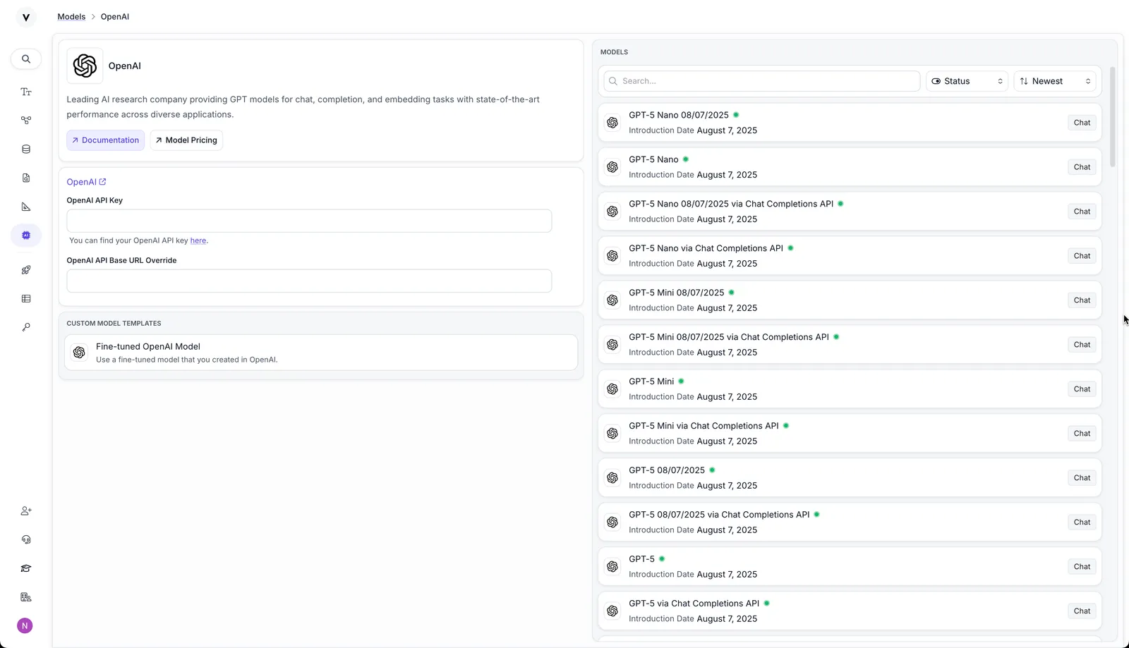 Screenshot of the OpenAI provider page showing a list of GPT models with search functionality, status indicators, and provider configuration options including API key setup