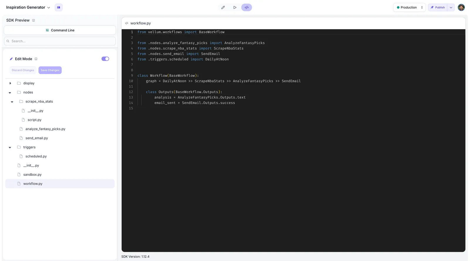 Workflow Sandbox in Code mode showing full-screen editor with workflow.py file