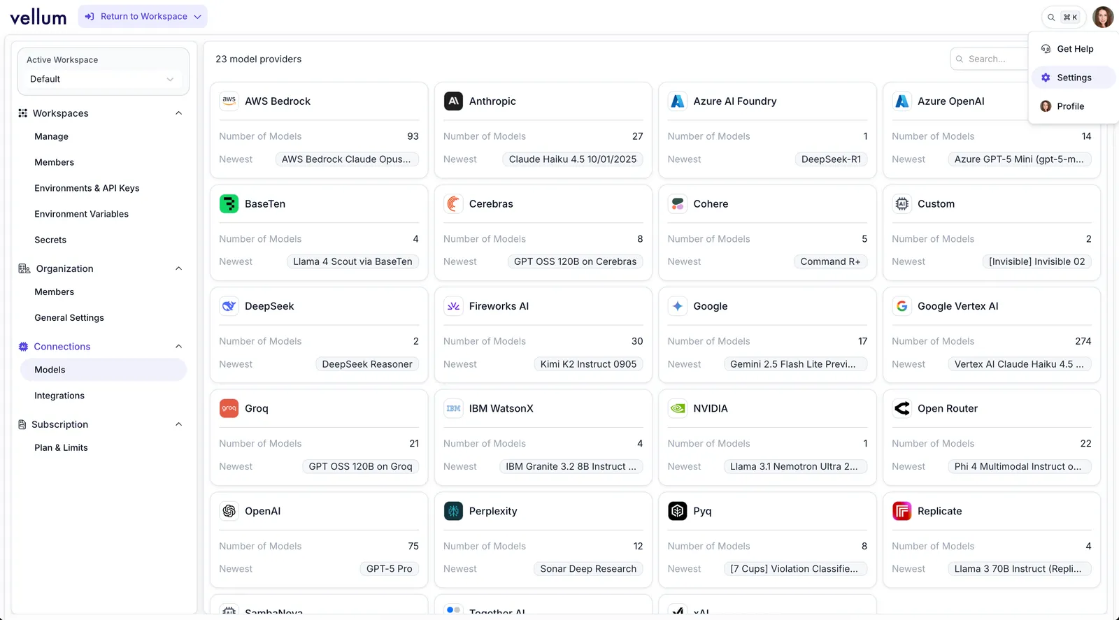 Settings page displaying Models section with various model providers including AWS Bedrock, Anthropic, Azure AI Foundry, Azure OpenAI, and others