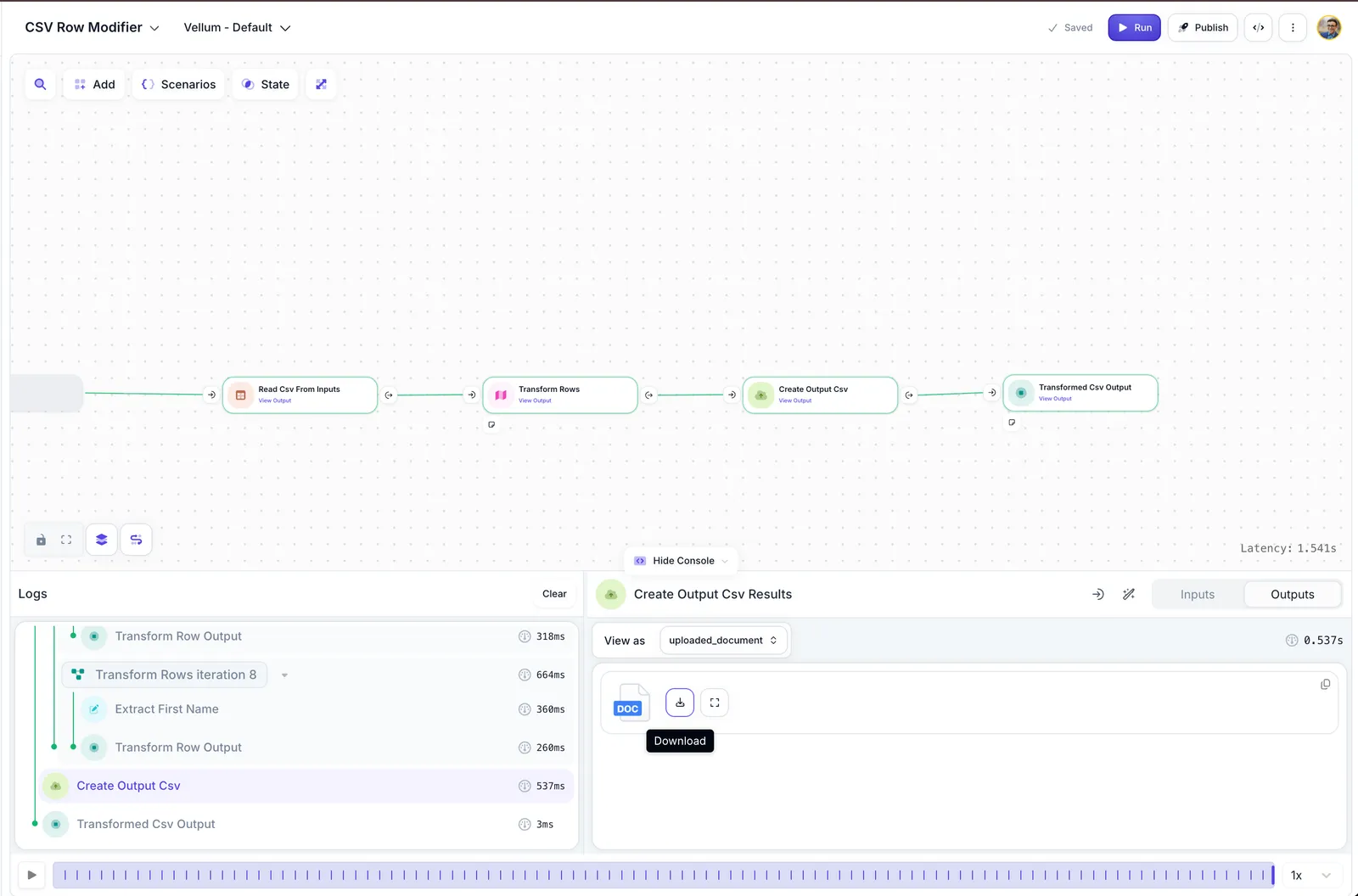 Workflow showing CSV input being processed row by row with nodes for reading, transforming, and creating output CSV