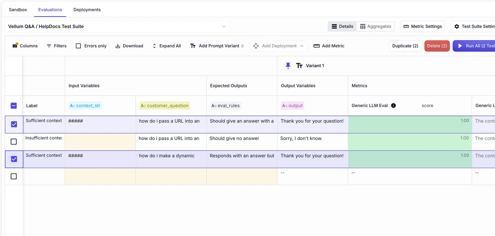 Evaluation Report showing Duplicate button in toolbar with selected Test Cases