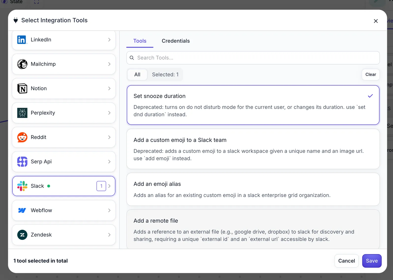 Integration selection modal showing available platforms with a Slack tool selected