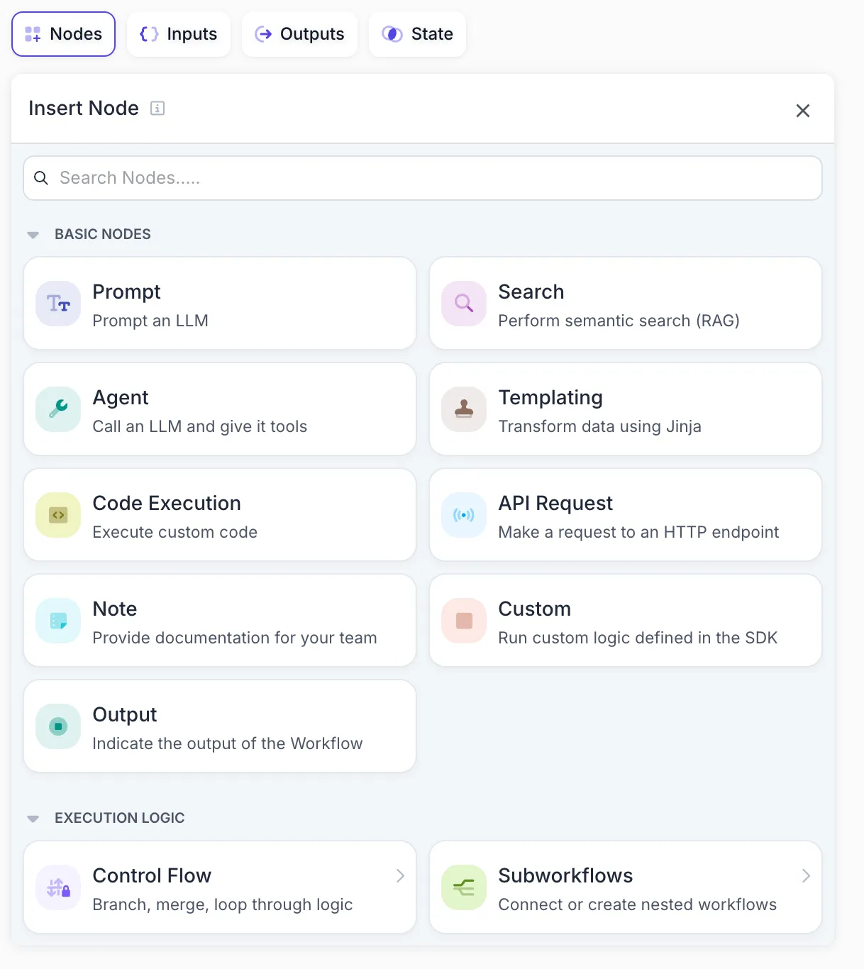 Screenshot of the new Insert Node Panel showing the search bar, reorganized cards, and nested hierarchy with Basic Nodes and Execution Logic sections