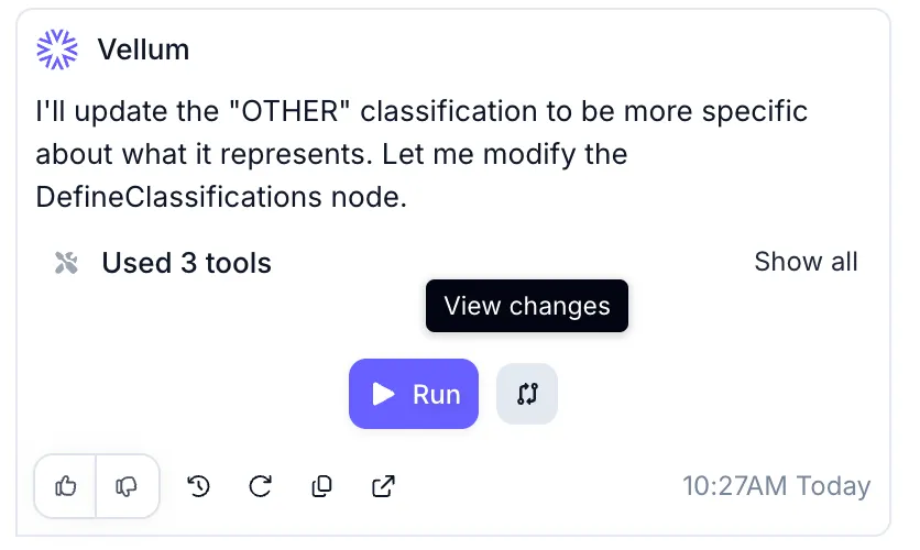 Vellum interface showing Compare button after Agent Builder makes edits to a Workflow