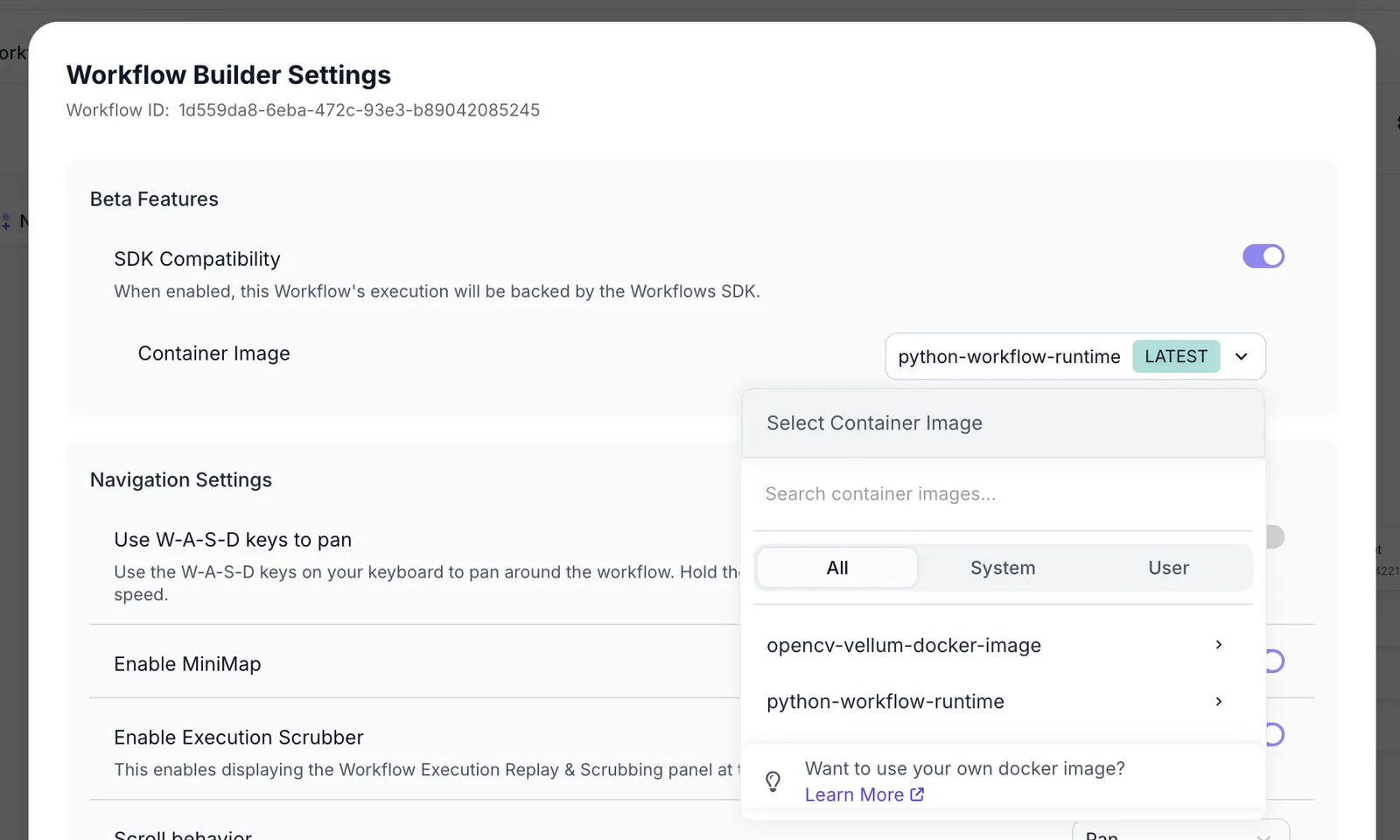 Workflow Sandbox Settings showing Container Image selection
