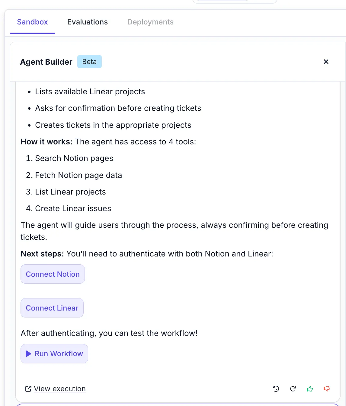 Agent Builder interface showing Connect Notion and Connect Linear buttons with example workflow plan