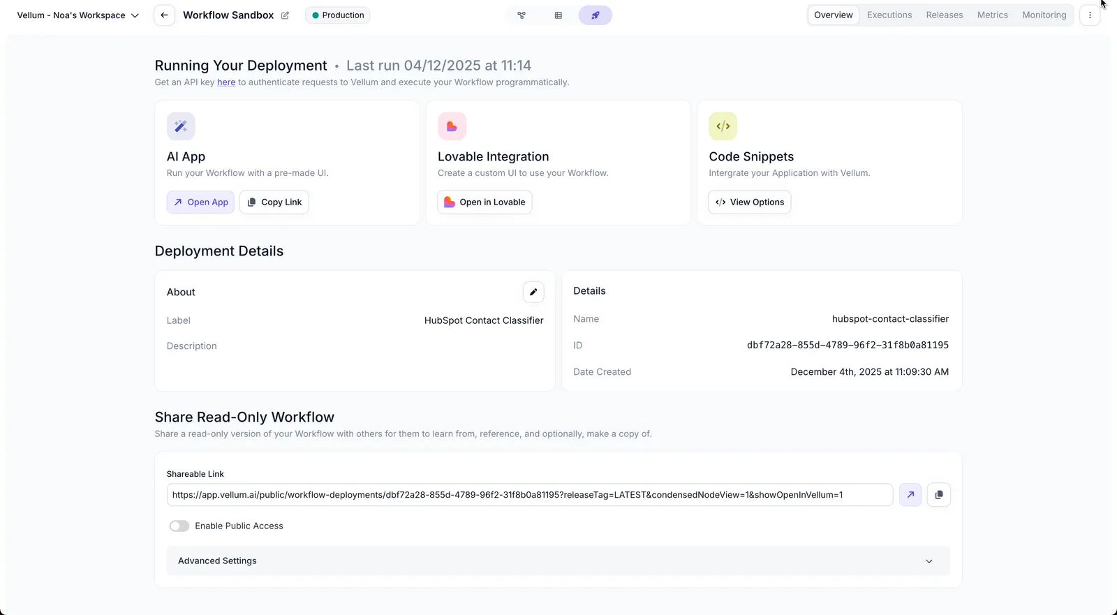 Revamped Workflow Deployment Overview page showing AI App, Lovable Integration, and Code Snippets options