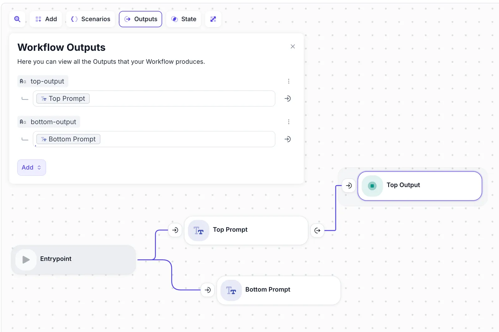 Workflow Outputs Panel displaying output configuration with references to Node Outputs