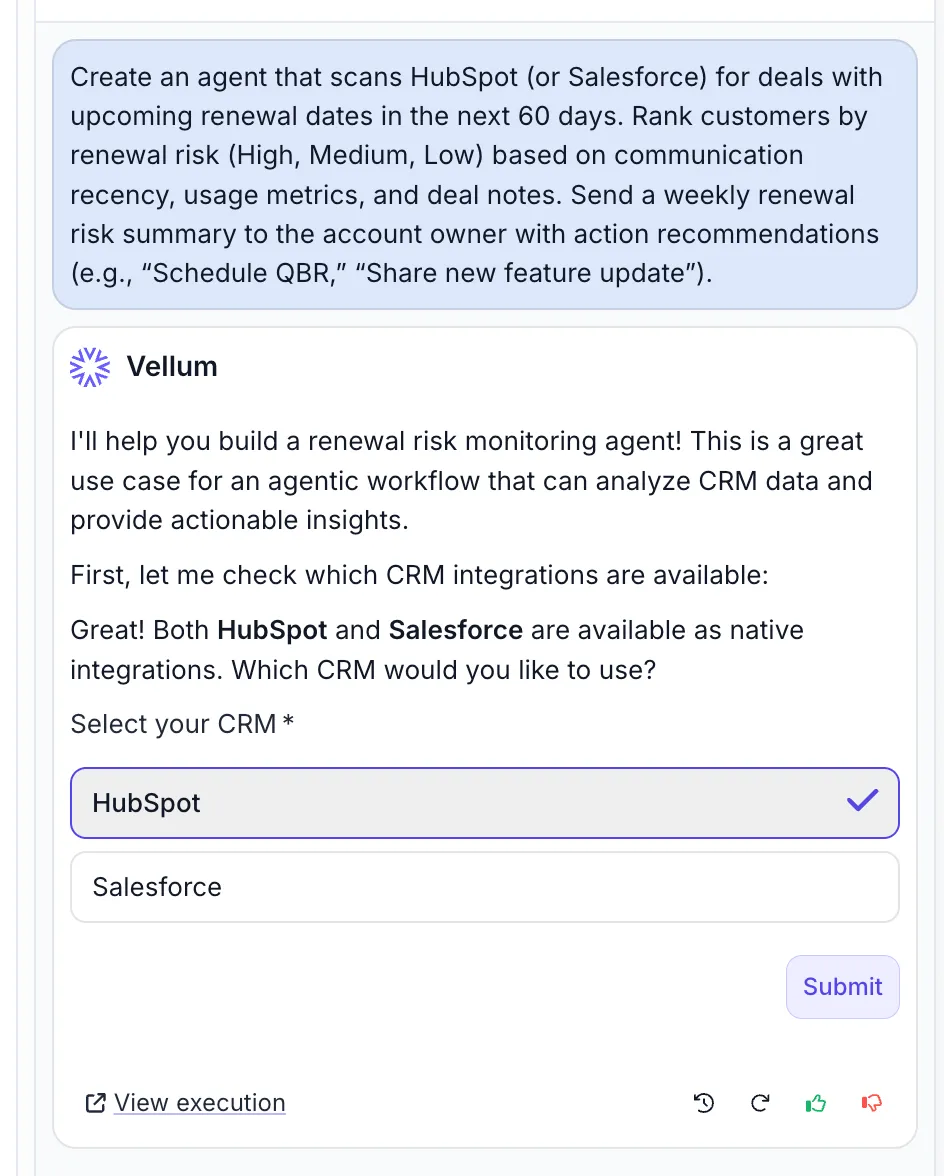 Agent Builder conversational interface showing CRM selection between HubSpot and Salesforce for building a renewal risk monitoring agent