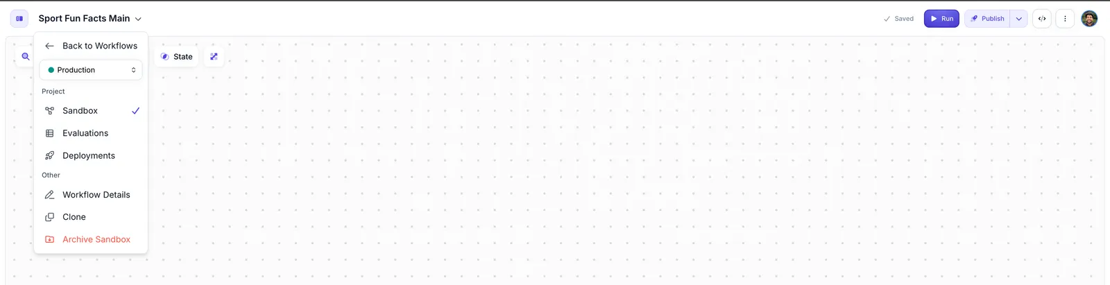 Workflow Layout Dropdown menu showing Sandbox, Evaluations, Deployments, and global options