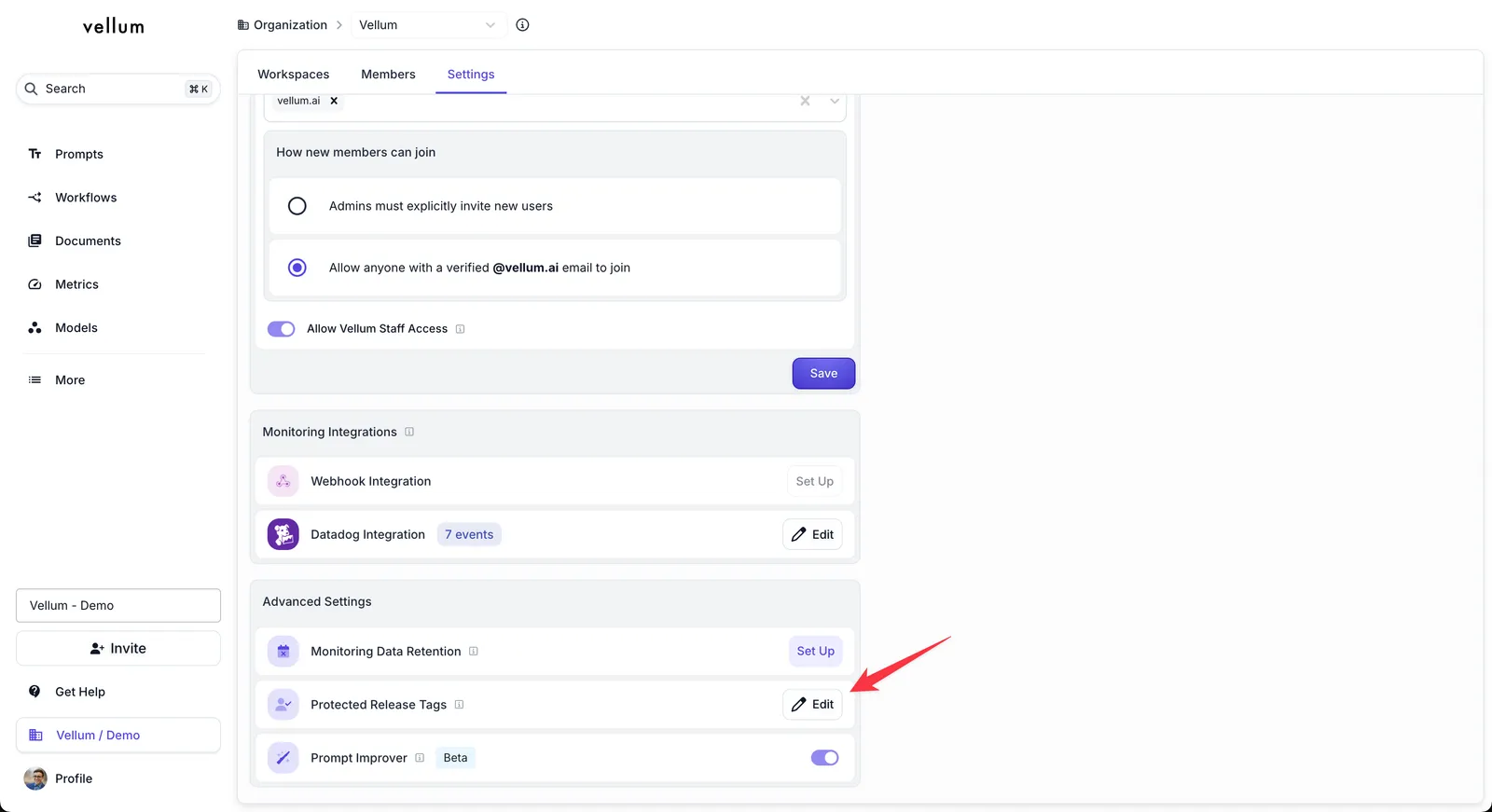 Protected Release Tags setting in organization advanced settings