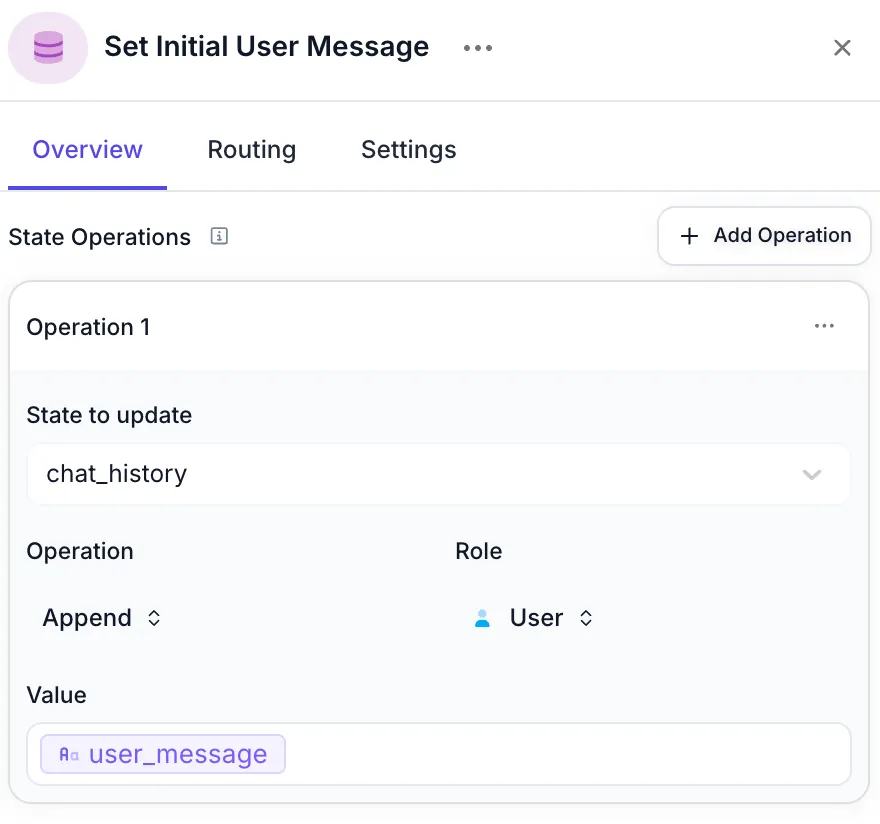 Set Initial User Message configuration showing chat history append operation