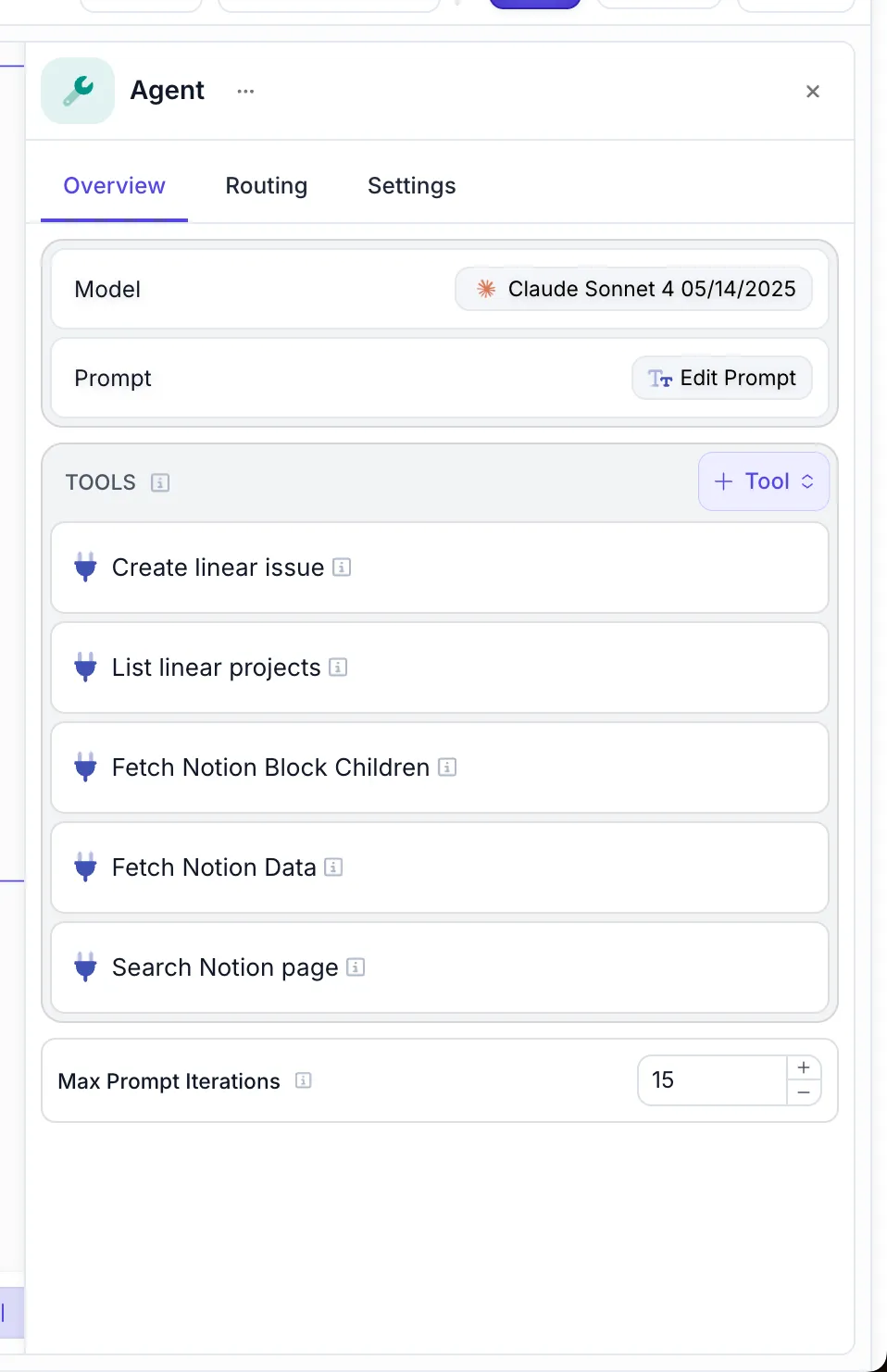Agent Node overview showing configured tools including Create linear issue, List linear projects, Fetch Notion Block Children, Fetch Notion Data, and Search Notion page