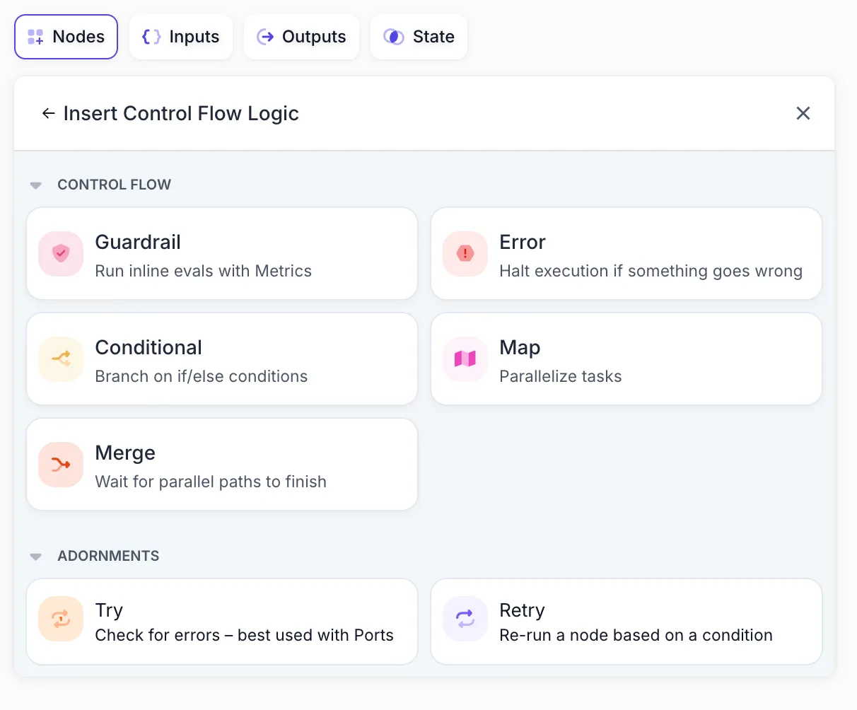 Screenshot showing the expanded Control Flow section with various node types including Guardrail, Error, Conditional, Map, and Merge nodes