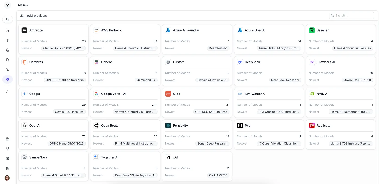 Screenshot of the new Models Page showing a grid of model provider cards including Anthropic, AWS Bedrock, Azure AI Foundry, Azure OpenAI, BaseTen, and others with model counts and newest model information