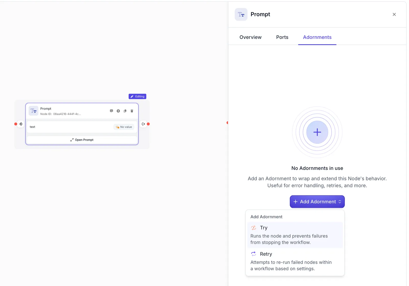 Adding a Try adornment to the Prompt Node