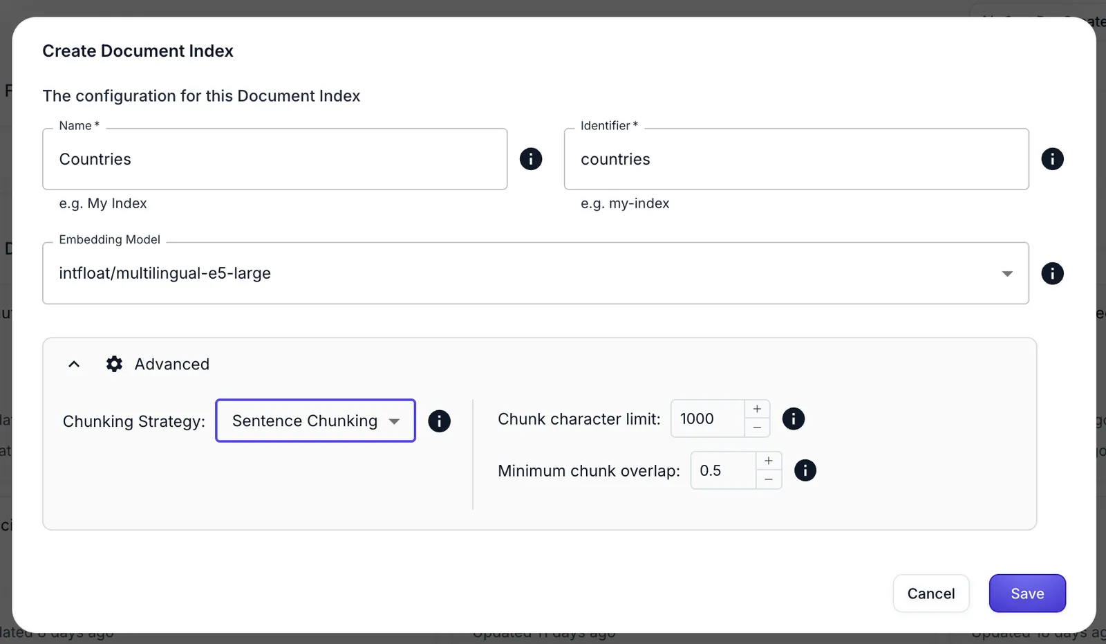 Document Index creation dialog