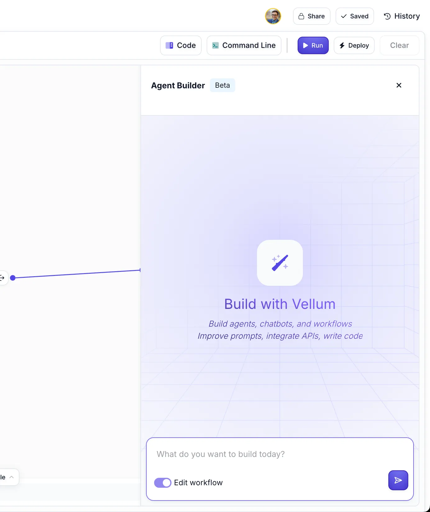 Screenshot showing Agent Builder panel in a Workflow Sandbox with welcome message and prompt asking 'What do you want to build today?' with an 'Edit workflow' toggle