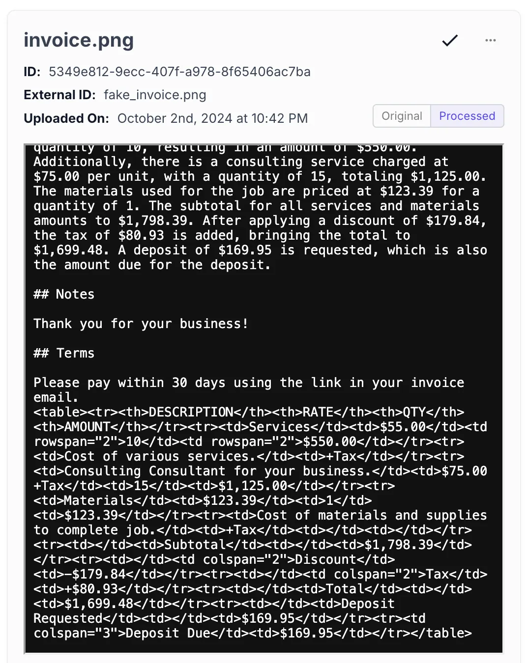 Processed invoice data with preserved structure