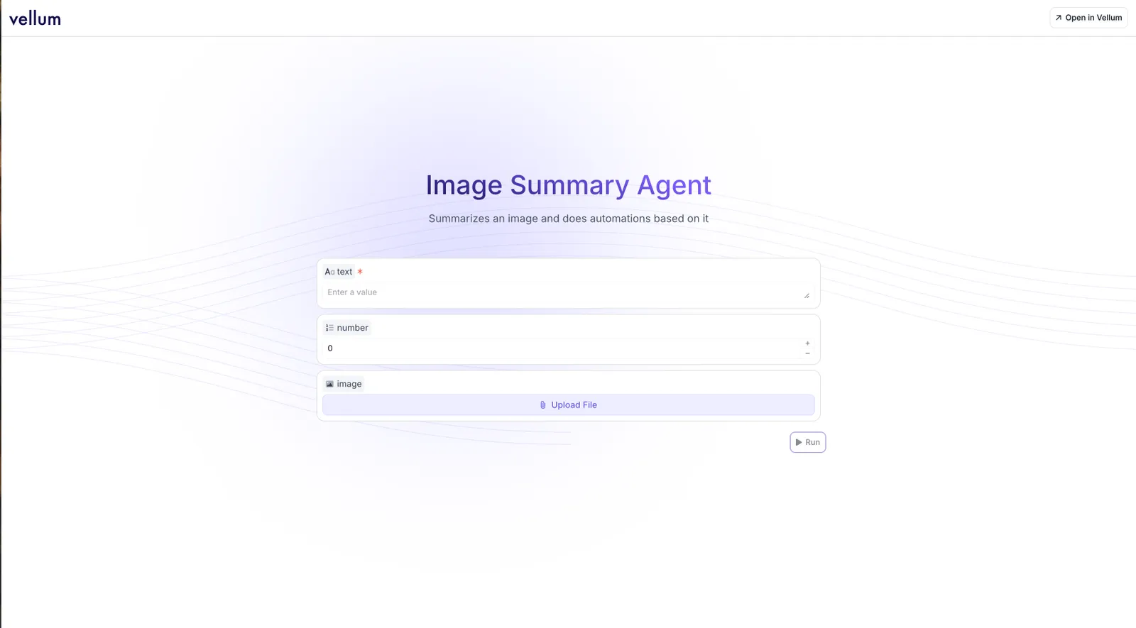 Screenshot showing the AI App UI interface with input fields for text, number, and image upload, along with a Run button for Workflow execution