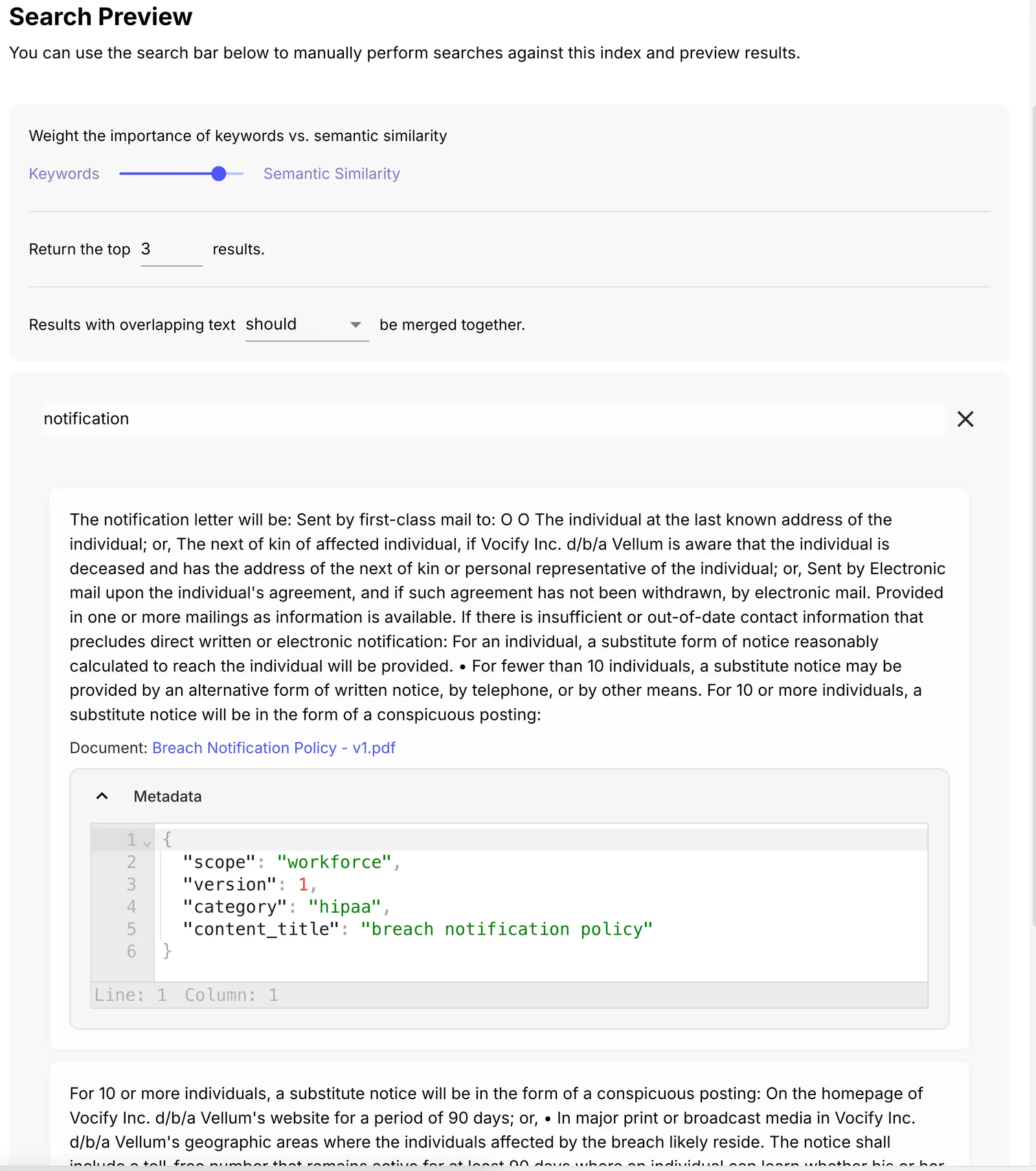 Search Results with Document Link and Metadata