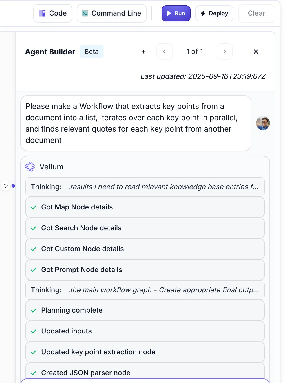 Screenshot showing Agent Builder working on a complex workflow request with visible progress steps including 'Got Map Node details', 'Got Search Node details', and other completed tasks