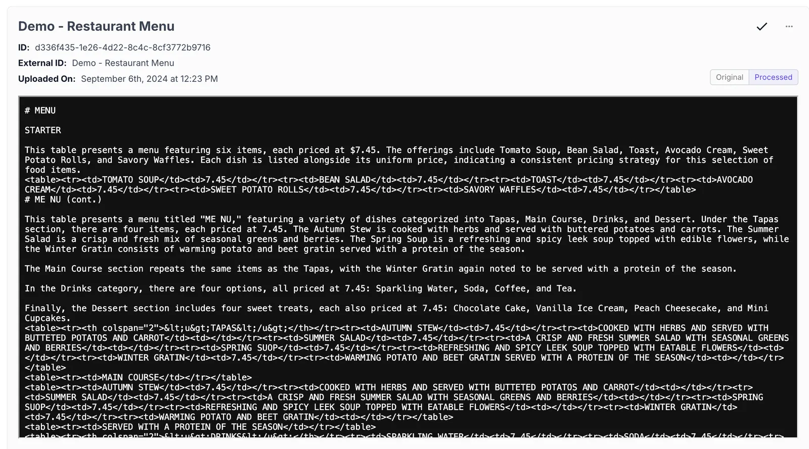 Processed menu text with semantic structure preserved