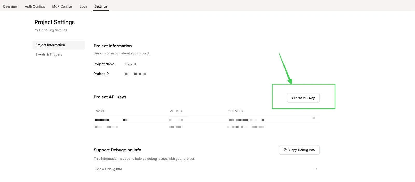 Composio API key creation interface