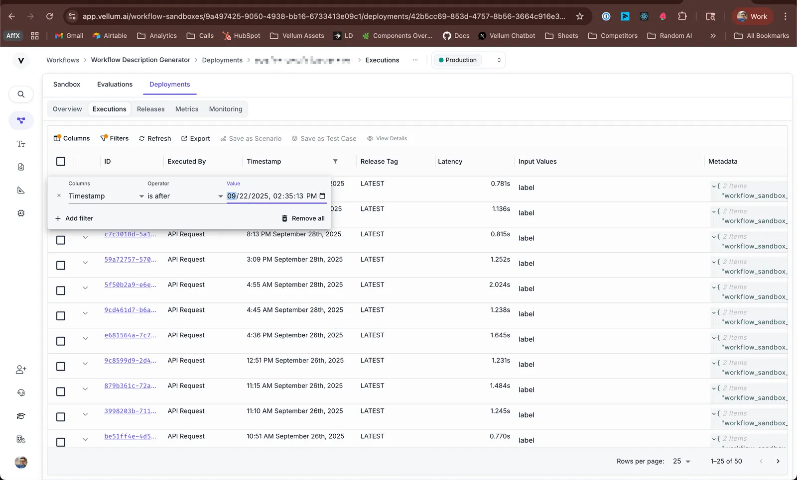 Vellum UI showing filter builder interface for Workflow executions