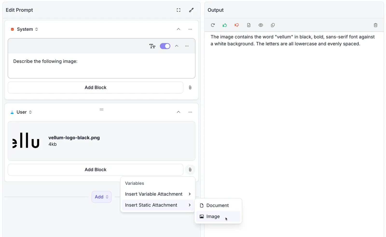 Screenshot showing the Prompt editor interface with a user attaching a static image via the paperclip icon menu, displaying options for Insert Variable Attachment and Insert Static Attachment