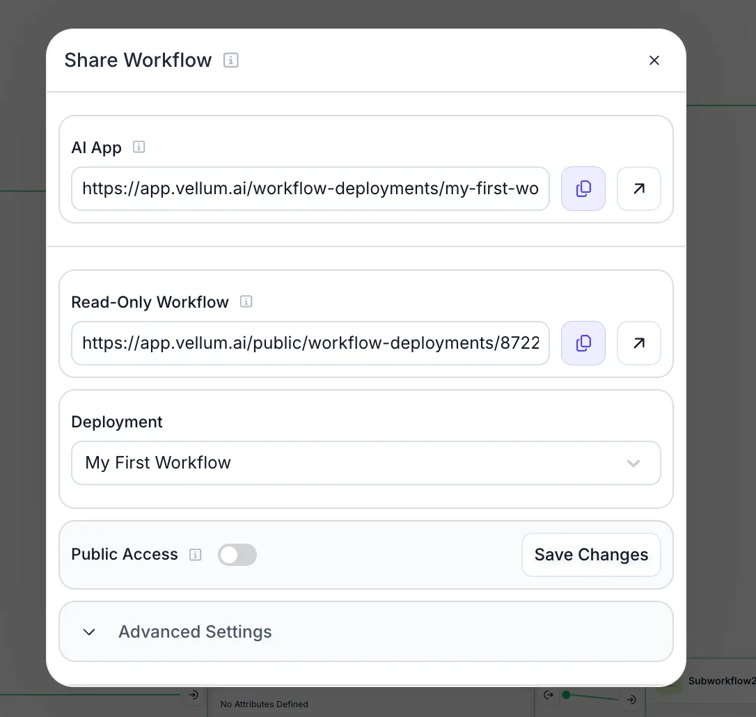 Screenshot of the Share Workflow modal showing AI App and Read-Only Workflow options with URLs and configuration settings