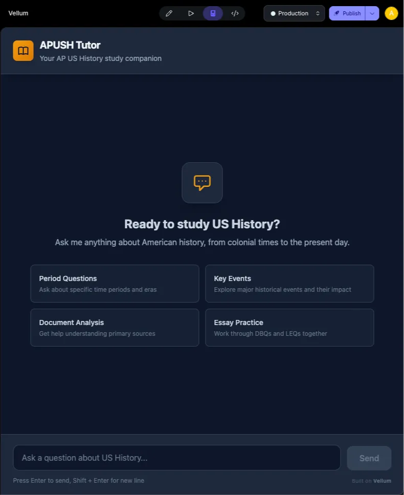 A fully generated custom chat interface for an APUSH Tutor agent with welcome message and suggestion buttons