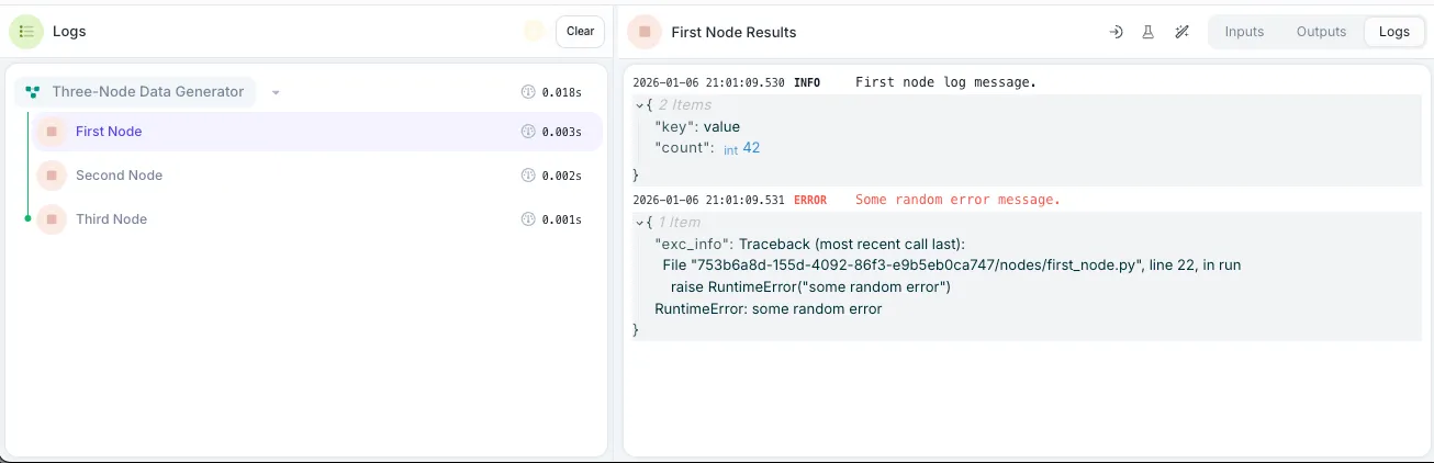 Workflow console showing log events with INFO and ERROR levels