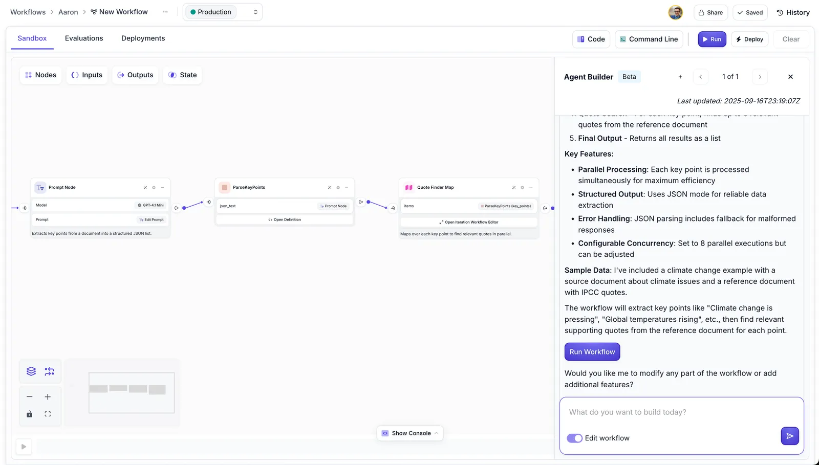 Screenshot showing a completed workflow with multiple connected nodes in the main canvas area and the Agent Builder panel on the right side, ready for further interaction