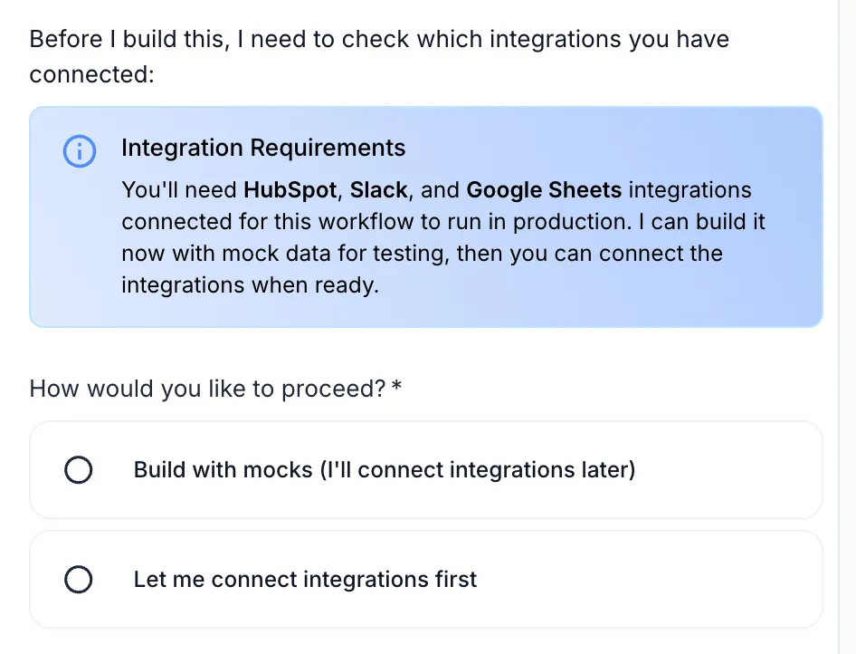 Agent Builder showing Integration Requirements with options to build with mocks or connect integrations first