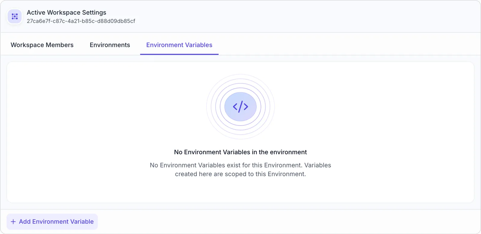 Environment Variables tab showing the interface for managing environment-specific variables