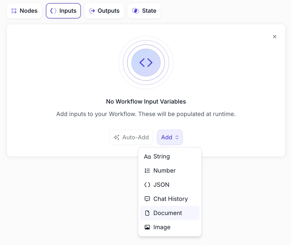 Screenshot showing Workflow inputs configuration with new Image and Document variable types available in the dropdown menu alongside existing String, Number, JSON, and Chat History options