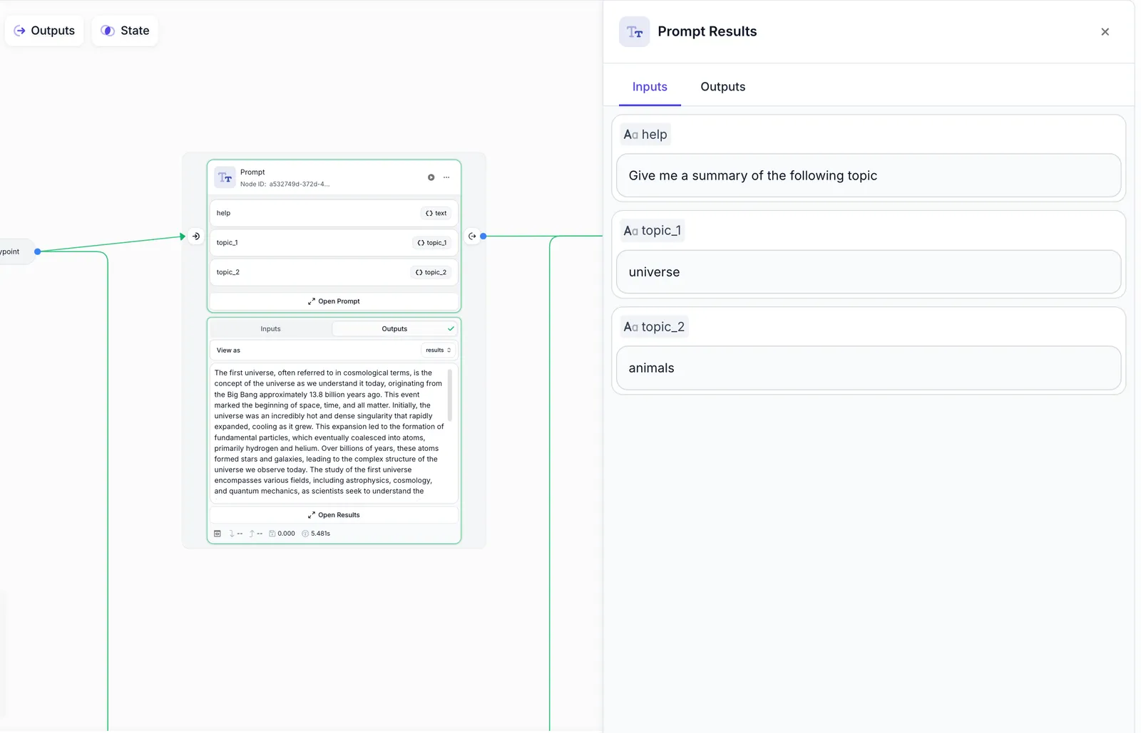 Workflow interface showing the Node Results side panel with expanded view of node inputs and outputs
