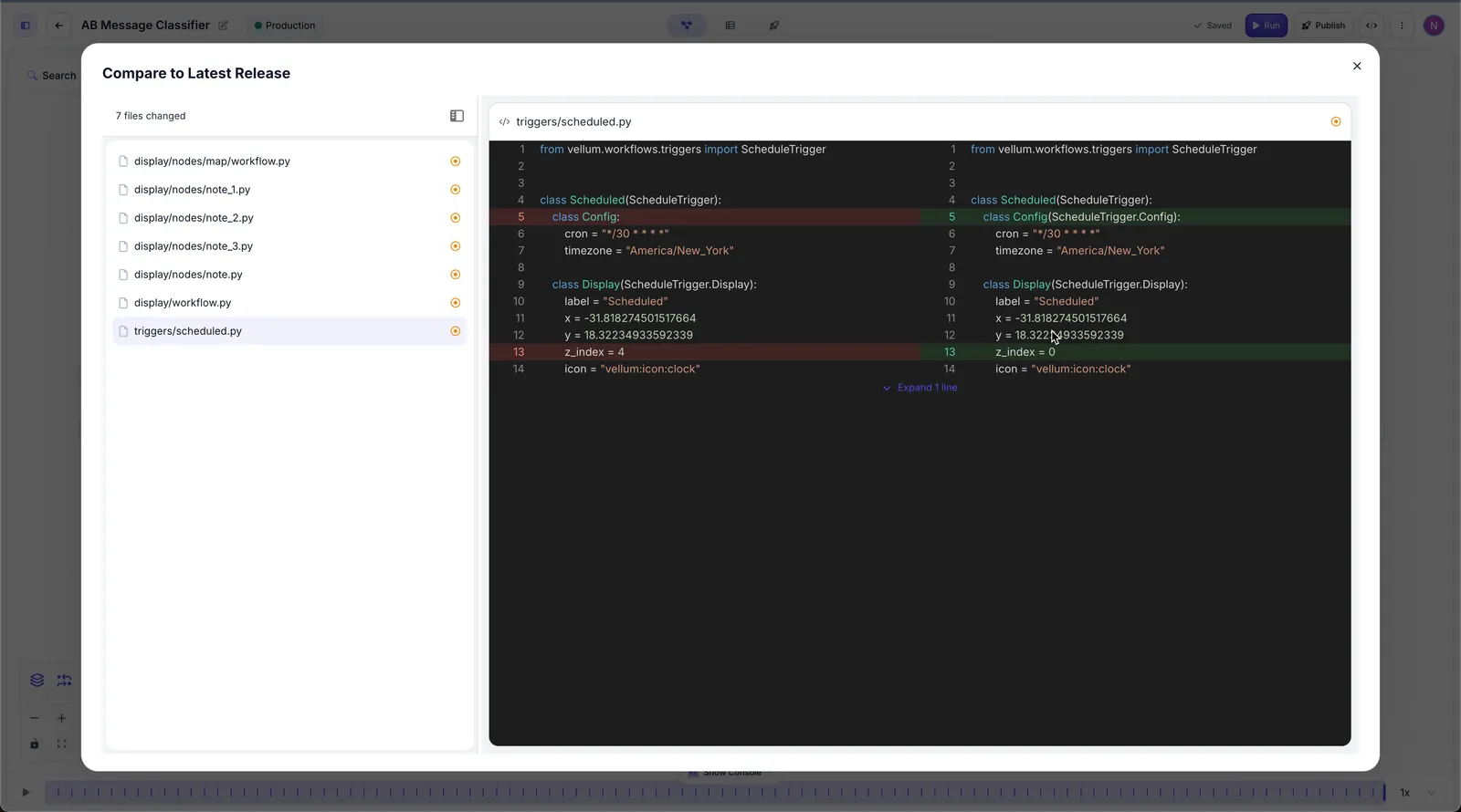 Comparison modal showing code diff